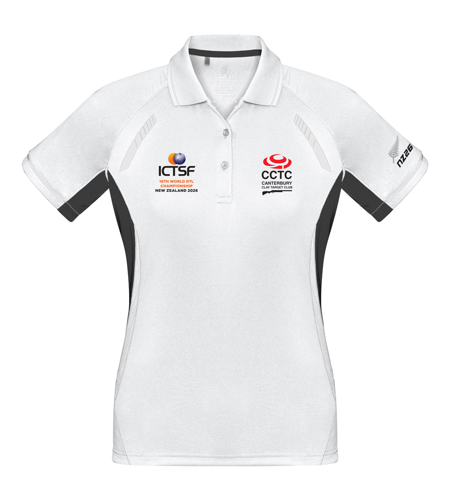 White polo shirt with black accents featuring various logos on a white background