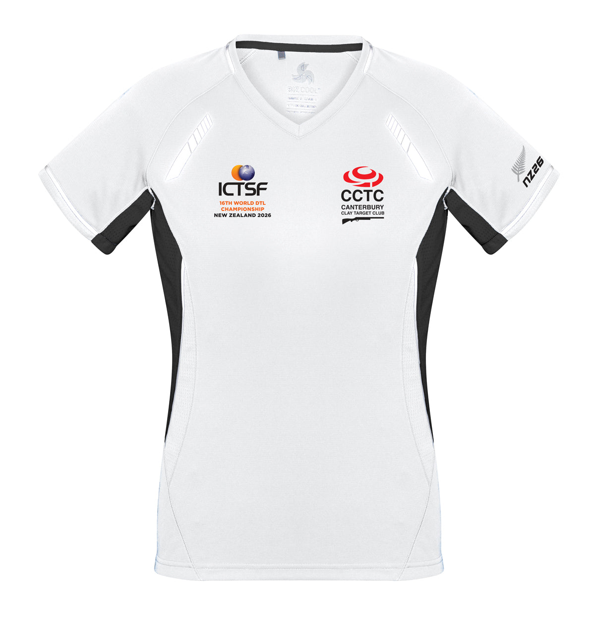 White sports shirt with black accents featuring multiple logos on a white background